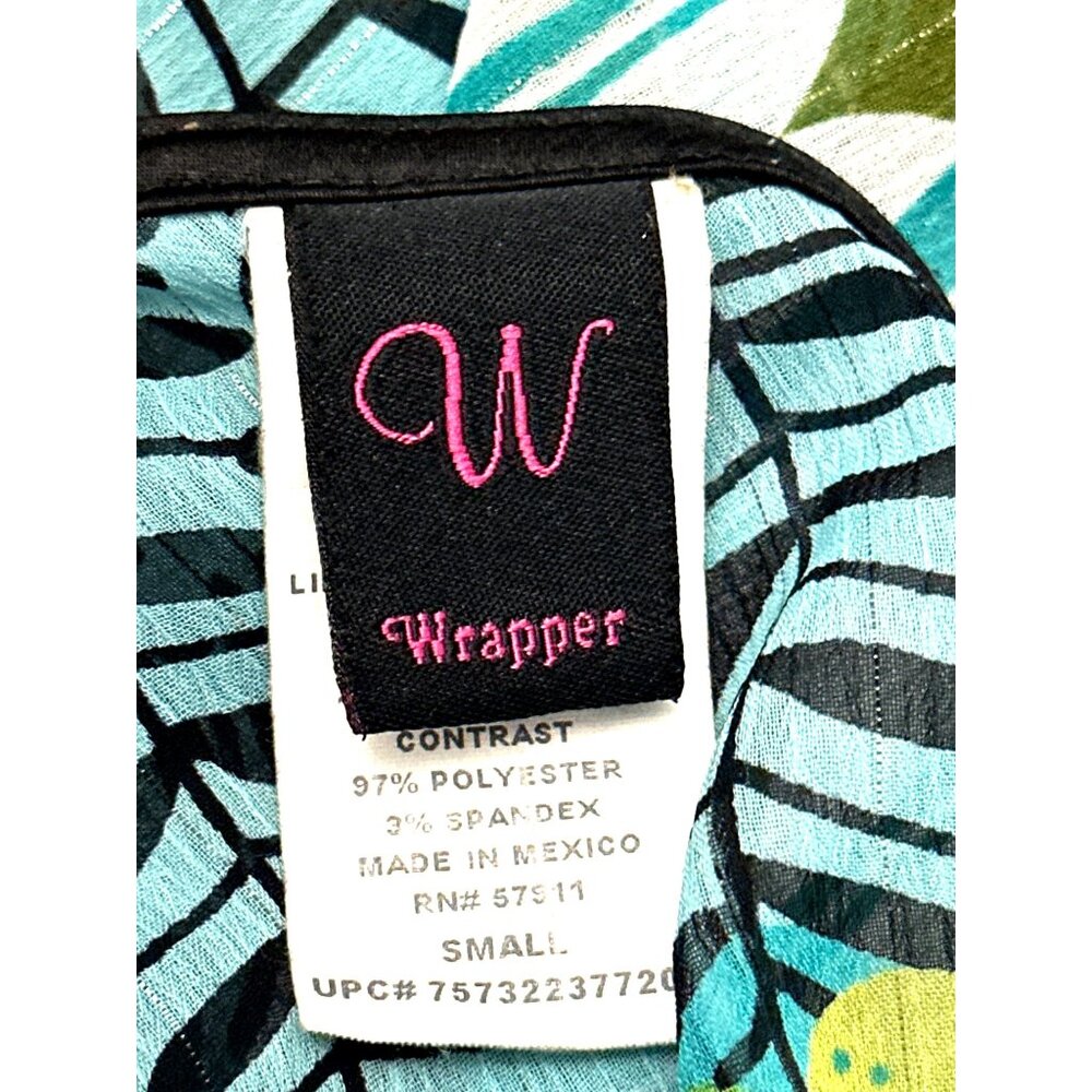 Wrapper Size Sm Teal Black Statement Print Deep V Wrap Tie Waist Peplum Top Chic - Picture 8 of 10